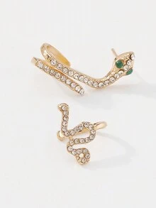 2 件/包 歐美風格鋅合金全鑽石鑲嵌蛇形黃金個性耳環 - 金色 - 查看 4