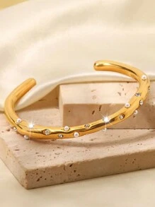 1pc Fashionable Stainless Steel Faux Pearl And Cubic Zirconia Embedded Cuff Bracelet, Perfect For Festival Gift To Girlfriend Or Parents