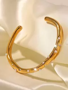 1pc Fashionable Stainless Steel Faux Pearl And Cubic Zirconia Embedded Cuff Bracelet, Perfect For Festival Gift To Girlfriend Or Parents