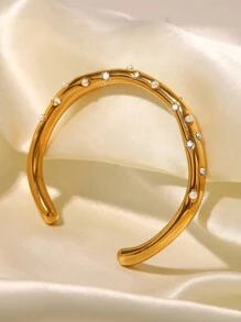 1pc Fashionable Stainless Steel Faux Pearl And Cubic Zirconia Embedded Cuff Bracelet, Perfect For Festival Gift To Girlfriend Or Parents