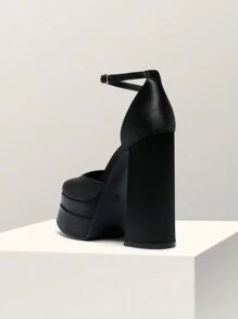 Women High Chunky Platform Closed Toe Block Heels Square Toe Ankle Strap Dress Wedding Party Festival Prom Pumps Shoes - 黑色 - 查看 8