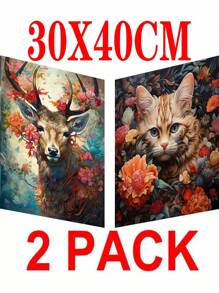 2入組diy 5d全鑽動物馬賽克畫,無框鑽石畫套件裝飾