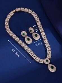 3入組經典立方氧化鋯紅色水滴吊墜項鍊耳環套裝,豪華女士宴會婚禮珠寶 - 藍色 - 查看 3