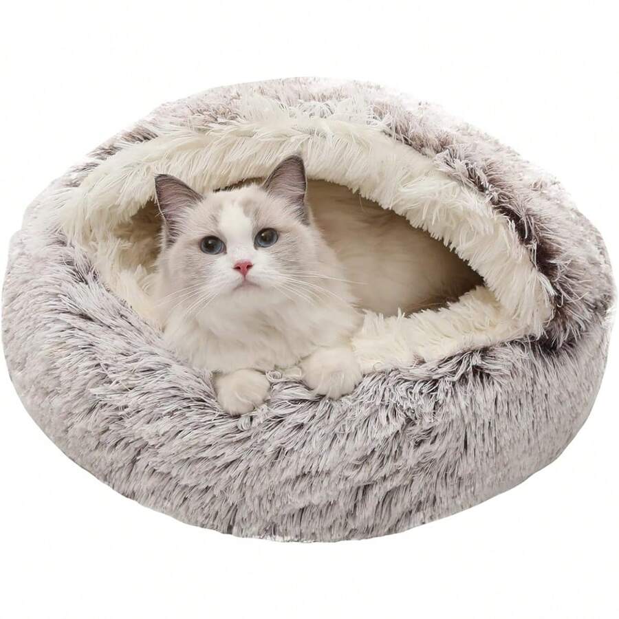 Calming Dog Beds & Cat Cave Bed with Hooded Cover,Removable Washable Round Beds for Small Medium Pets,Anti-Slip Fluffy Coved Bed for Improved Sleep,Fits up to 15/25 lbs Medium,24"x24" - 棕色 - 查看 1