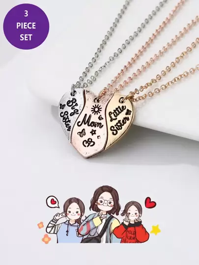 3pcs/set Girls' Big Sis Lil Sister Mom Letter Heart Shaped Zinc Alloy Colorful Oil Drop Magnetic Necklace Suit, Great For Mother's Day And Parent-child Jewelry Gift