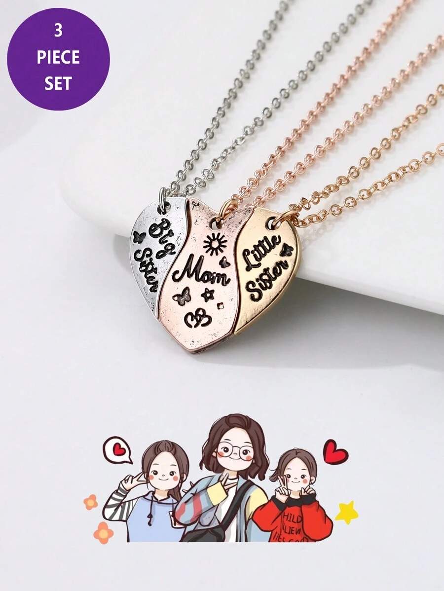 3pcs/set Girls' Big Sis Lil Sister Mom Letter Heart Shaped Zinc Alloy Colorful Oil Drop Magnetic Necklace Suit, Great For Mother's Day And Parent-child Jewelry Gift - Antique Silver - View 1