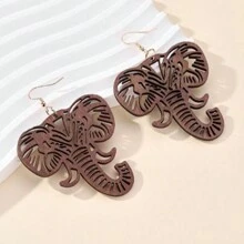 1pair Creative Cutout Animal Elephant Shaped Pendant Wooden Dangle Earrings For Women's Casual Style - Coffee Brown - View 1