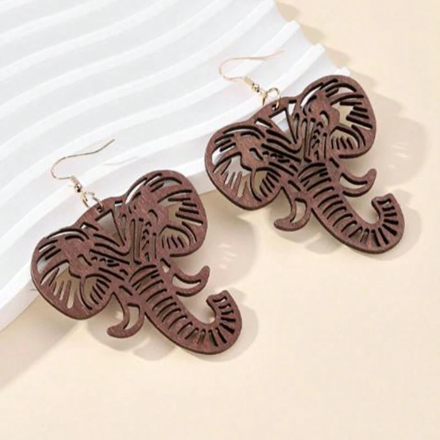 1pair Creative Cutout Animal Elephant Shaped Pendant Wooden Dangle Earrings For Women's Casual Style - Coffee Brown - View 1