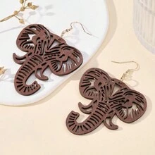 1pair Creative Cutout Animal Elephant Shaped Pendant Wooden Dangle Earrings For Women's Casual Style - Coffee Brown - View 3