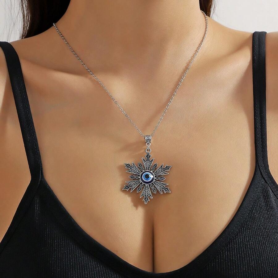 欧美时尚恶魔之眼土耳其风格蓝眼锌合金仿古银项链，适合女性佩戴，可作为个性饰品、毛衣链或日常休闲珠宝配饰