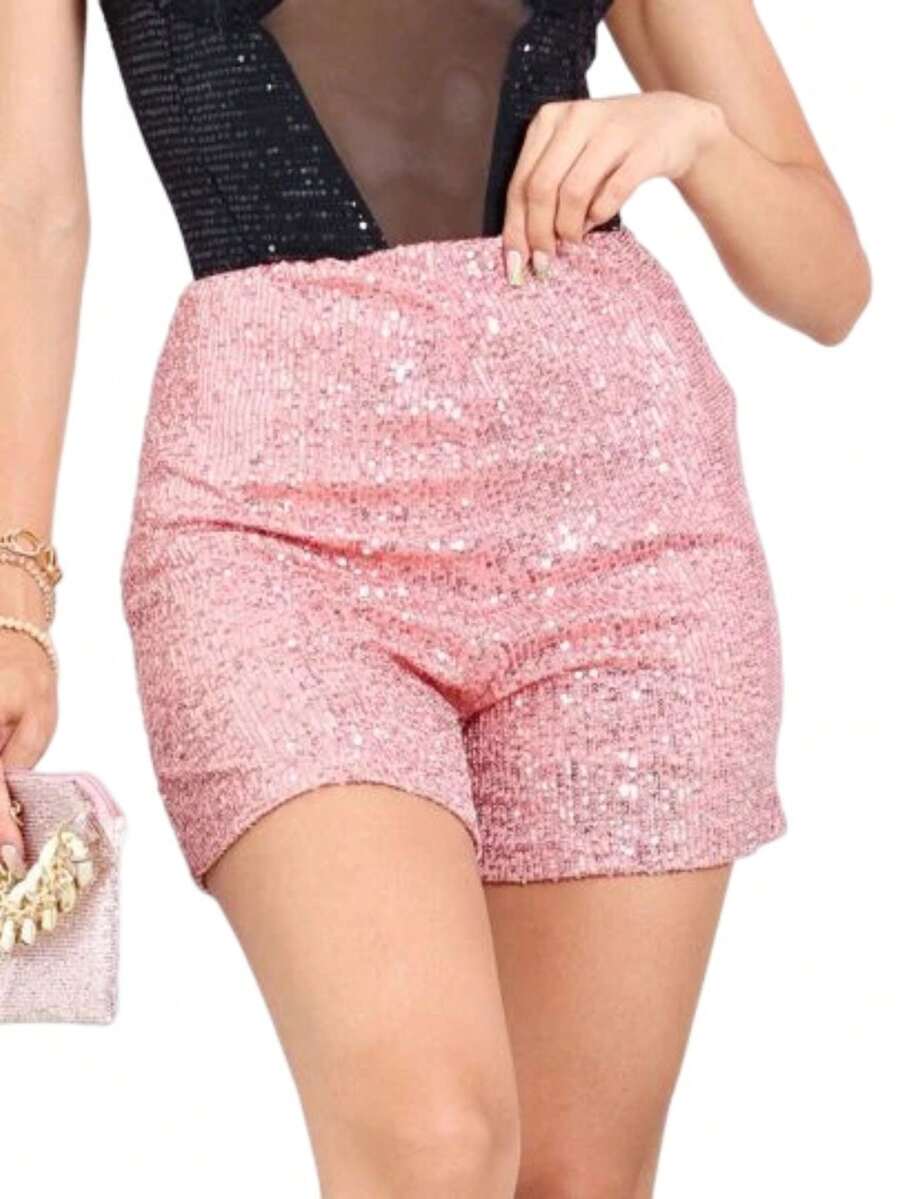 Women's Sequin Shorts With Lining And Zipper - Light - Baby Pink - View 1