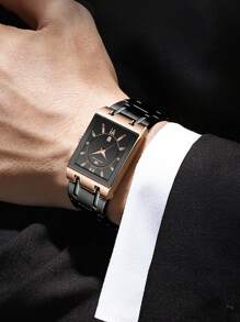 VA VA VOOM 1 Peça Relógio Masculino Moda, Mostrador Quadrado, Pulseira de Aço Inoxidável 41mm, Estilo de Negócios de Luxo, Presente Masculino, Mecanismo de Quartzo Original, Dourado, Rose Gold e Preto, Relógio Esportivo e de Trabalho para Uso Externo