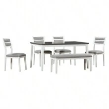 Classic and Traditional Style 6 - Piece Dining Set, Includes Dining Table, 4 Upholstered Chairs & Bench (Natural Wood Wash)