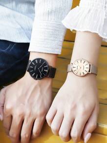 OUPAI 2 件/套情侣手表礼盒，超薄简约设计，防水手表配玫瑰花香皂，男女皆宜 - 黑色 - 查看 3
