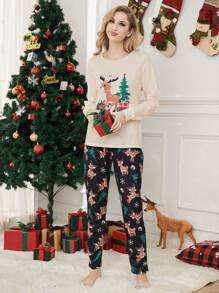 两件套女士圣诞睡衣套装，可爱驯鹿和圣诞树印花长袖上衣和长裤，舒适的节日家居服 - 杏色 - 查看 4