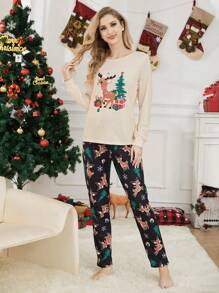 两件套女士圣诞睡衣套装，可爱驯鹿和圣诞树印花长袖上衣和长裤，舒适的节日家居服 - 杏色 - 查看 3