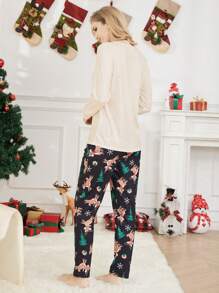 两件套女士圣诞睡衣套装，可爱驯鹿和圣诞树印花长袖上衣和长裤，舒适的节日家居服 - 杏色 - 查看 2