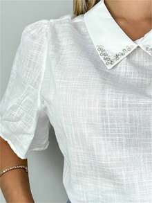 Blusa De Mujer De Lino Con Cuello Con Pedrería Fl-blusa Gola Pedrarias - Blanco - Ver 2