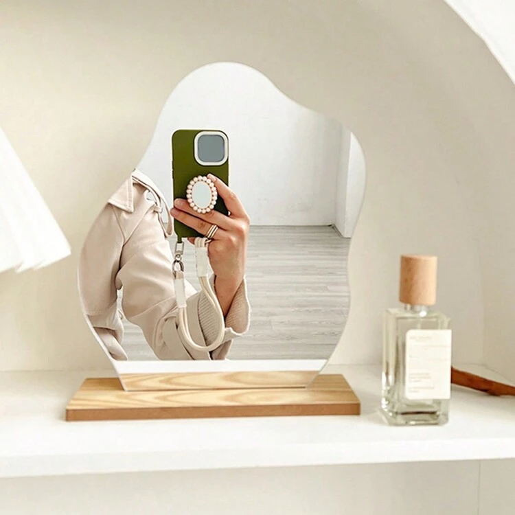 アクリルミラー+木製ベース、非対称幾何学形状デコラティブミラー、アクリルベース高級デスクトップメイクアップミラー、木製フレームのデコレーション、寝室のドレッサーバニティミラー、ホームデコレーション、寝室アクセサリー、部屋やバスルームの装飾、最高の贈り物 - シルバー - 見る 8