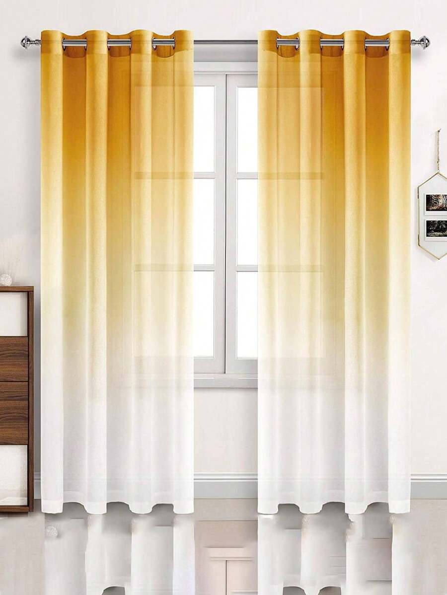 1pc Perforated Gradient Bedroom Window Sheer - Yellow - View 1