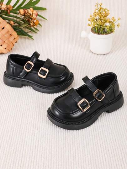 女童學院風舒適平跟踝帶芭蕾瑪莉珍鞋，金屬裝飾，便鞋