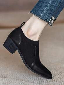 2023 Hàng mới đến Mờ Da Dày Gót chân Cắt thấp Của phụ nữ Giày dép Với Chóp giầy tròn Và Phong cách Anh quốc Cho văn phòng - màu đen - Xem 1