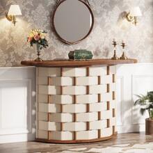 Tribesigns Half Moon Entry Table for Entryway, 47-Inch Vintage Semi Circle Console Sofa Table with Woven Leather Base, Modern Accent Table for Living Room - Trắng & Nâu - Xem 2