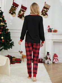 2pcs Women Santa Claus Plaid Long Sleeve Pajama Set - Black - View 2