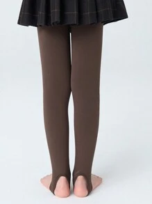 1pc Children's Thickened Warm Stirrup Tights With Striped Solid Color - Coffee Brown - View 2