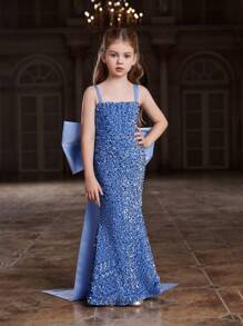 Vestido de Festa com Glitter para Pré-adolescente com Alças de Laço de Fita nas Costas - Azul - Visão 4