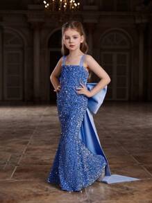 Vestido de Festa com Glitter para Pré-adolescente com Alças de Laço de Fita nas Costas - Azul - Visão 6