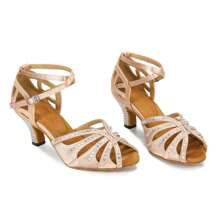 1 双杏色水钻镶嵌缎面时尚舒适中跟拉丁萨尔萨舞社交舞鞋搭配紧身裤 - 杏色 - 查看 7