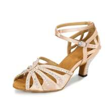 1 双杏色水钻镶嵌缎面时尚舒适中跟拉丁萨尔萨舞社交舞鞋搭配紧身裤 - 杏色 - 查看 2