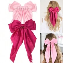 2 Piezas Grandes Horquillas Con Lazo Rosa De Cinta Para Niñas, Lazos De Pelo Elásticos Con Cola Larga Rosa Caliente Para Fiestas De Vacaciones Y Uso Diario - Multicolor - Ver 1