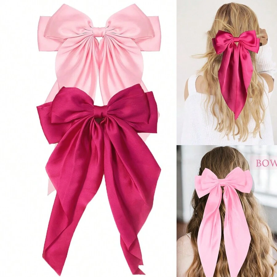 2 Piezas Grandes Horquillas Con Lazo Rosa De Cinta Para Niñas, Lazos De Pelo Elásticos Con Cola Larga Rosa Caliente Para Fiestas De Vacaciones Y Uso Diario - Multicolor - Ver 1