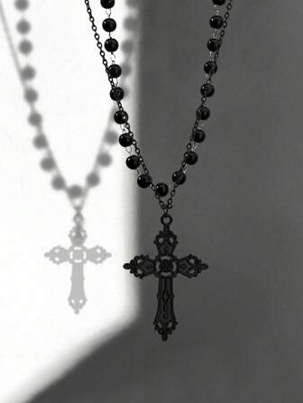 2入組哥德風格十字形黑色假珍珠項鍊