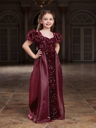 Shiny Puff Sleeve Mermaid Tail Dress With Mesh Patchwork & Sequins, Elegant Formal Gown Suitable For Galas, Pageants, Celebrations