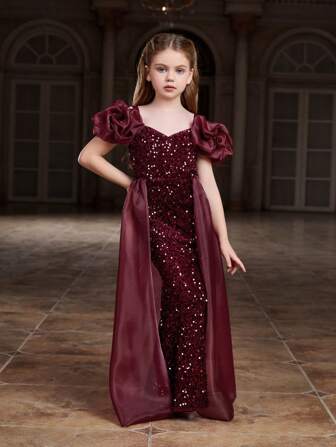 Glansig sjöjungfruklänning med puffärm, mesh-lappmönster och paljetter, elegant formell klänning lämplig för galor, fester och fester