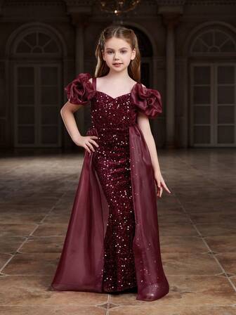 Tween Girl Sparkling Bubble Sleeve Mermaid Tail Dress With Mesh Panel & Sequins – Elegant Formal Gown For Evening Party, Pageant, Holiday Celebration