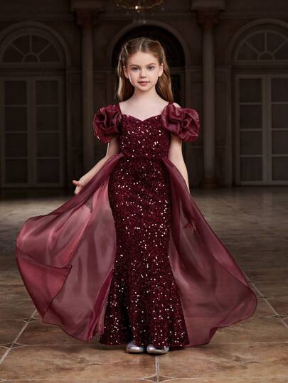 Tween Girl Sparkling Bubble Sleeve Mermaid Tail Dress With Mesh Panel & Sequins – Elegant Formal Gown For Evening Party, Pageant, Holiday Celebration