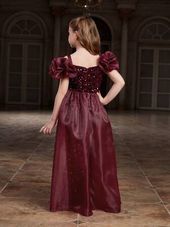 Shiny Puff Sleeve Mermaid Tail Dress With Mesh Patchwork & Sequins, Elegant Formal Gown Suitable For Galas, Pageants, Celebrations