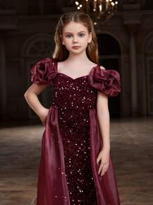 Shiny Puff Sleeve Mermaid Tail Dress With Mesh Patchwork & Sequins, Elegant Formal Gown Suitable For Galas, Pageants, Celebrations - Burgundy - View 7