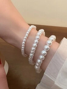 法式復古簡約彈性珍珠手鍊,女孩子編織手鍊,高級手工珠寶手鍊 - 米色 - 查看 2