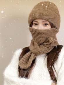 1pc Women's Windproof Thickened Ear Protection Wool Hat And Scarf Combination Hat With Thickened Scarf - Khaki - View 1