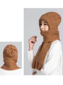 1pc Women's Windproof Thickened Ear Protection Wool Hat And Scarf Combination Hat With Thickened Scarf - Khaki - View 4