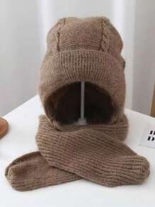 1pc Women's Windproof Thickened Ear Protection Wool Hat And Scarf Combination Hat With Thickened Scarf - Khaki - View 5