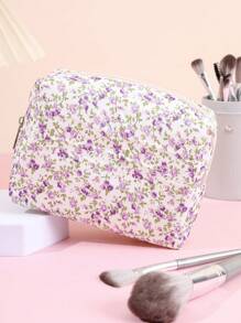 1pc Pink Floral Cosmetic Bag, Pure Polyester Fiber Square Hand-held Makeup Storage Bag - Hot Pink - View 6