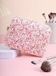 1pc Pink Floral Cosmetic Bag, Pure Polyester Fiber Square Hand-held Makeup Storage Bag - Hot Pink - View 8
