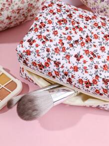 1pc Pink Floral Cosmetic Bag, Pure Polyester Fiber Square Hand-held Makeup Storage Bag - Hot Pink - View 5