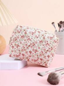 1pc Pink Floral Cosmetic Bag, Pure Polyester Fiber Square Hand-held Makeup Storage Bag - Hot Pink - View 7